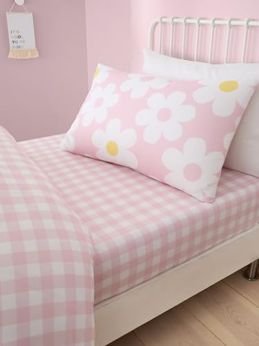 Bedlam Pink Check Bed Sheet - Single Fitted Sheet (190 x 90 cm) - Gingham Plaid Fitted Sheet in Pink - Floral Bedding for Girls - Polyester, Twin