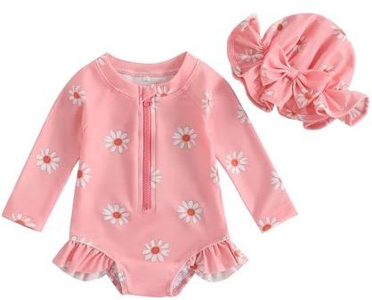 Loalirando Ensemble Maillot de Bain Bébé Fille Anti-UV avec Imprimé Marguerites, Haut Zippé et Bonnet Assorti (6 mois-3 ans) (Rose, 9-12 Months)