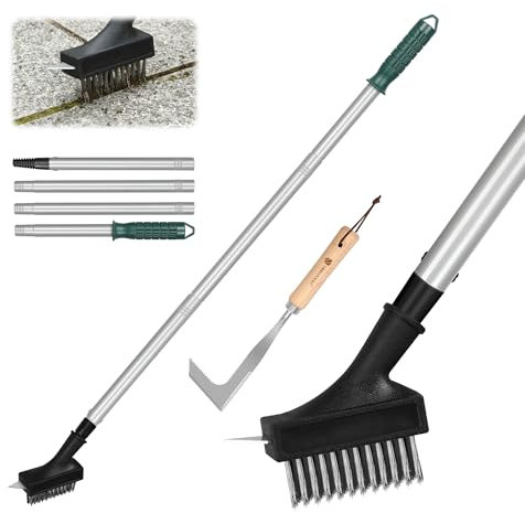 ORIENTOOLS Cepillo de malezas de mango largo, herramienta removedor de patio con cabeza en ángulo de acero inoxidable, cepillo de alambre limpiador de patio Acistles de 134 cm, mango de 4 secciones.