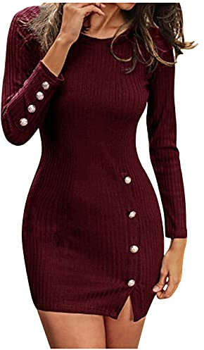 Vestido ajustado acanalado con botones para mujer, vestido ajustado a la cadera para mujer, elegante vestido de fiesta con abertura en curva, vestido rojo para niñas, vestido de tubo de manga larga,