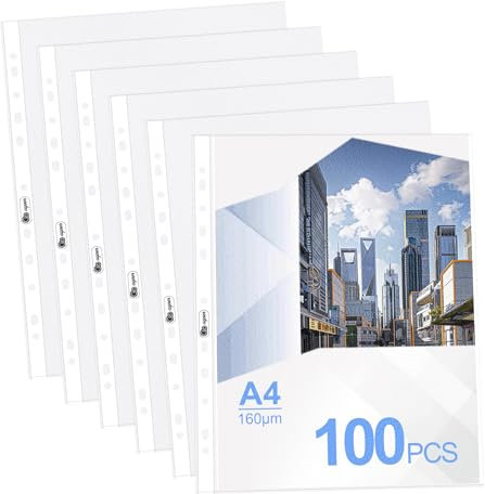 100er Prospekthüllen A4 Stabil, Klarsichthüllen A4 Transparent, Genarbt, 160 my Dokumentenhüllen A4 Folienhüllen Zur Aufbewahrung für Papier, Fotos, Dokumenten
