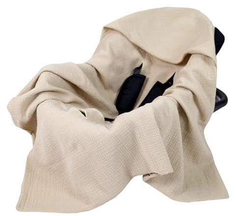 Babylux Musselin Einschlagdecke mit Kapuze – 90x90 cm – Sommer Babydecke für Autositz & Babyschale – 100% Baumwolle – Atmungsaktiv & Leicht (Beige)