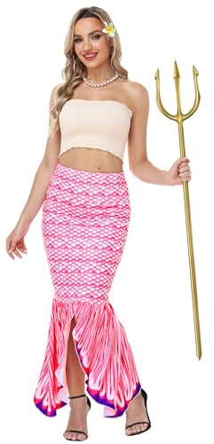 Women's Mermaid Costume Fish Scale Skirts Elastic Waist Stretchy Party Maxi Tail Skirt Pink S