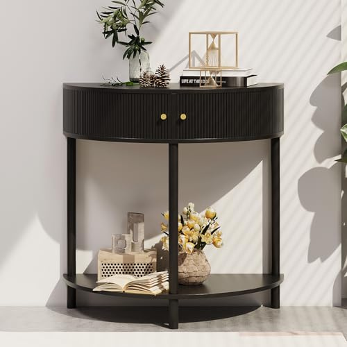 Trironsun Tavolo consolle a mezzaluna con spazio di archiviazione, tavolino sottile con 2 cassetti, maniglie dorate e scaffale, in legno boho per soggiorno, camera da letto o ingresso (nero)
