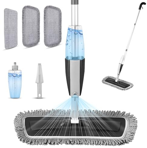 Scopa Lavapavimenti a Spruzzo Mocio Lavapavimenti, Scopa Lavapavimento Spray Mop Lavapavimenti Microfibra Mop Pavimenti Professionale con 4 pad lavabili e 1 flacone (Nero)
