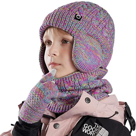 Fjquamitix Kids Winter Hat Scarf and Gloves Set,Warm Thermal Knitted Beanie Cap（with Earmuffs） Snood Neck Warmer Touchscreen Mitten with Soft Fleece Lining for Girls Boys Age 4-10 (Colorful)