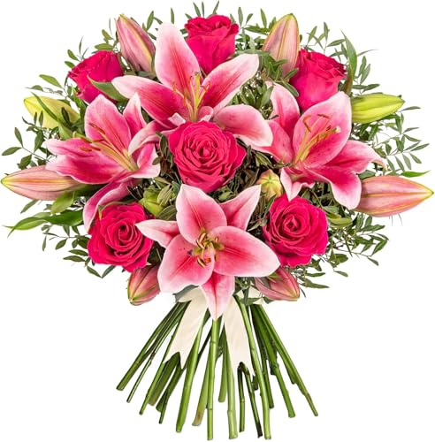 Handbunden bukett med färska blommor: Rosa rosor och liljor levererade till födelsedagar och alla tillfällen! (Medelmåttig)