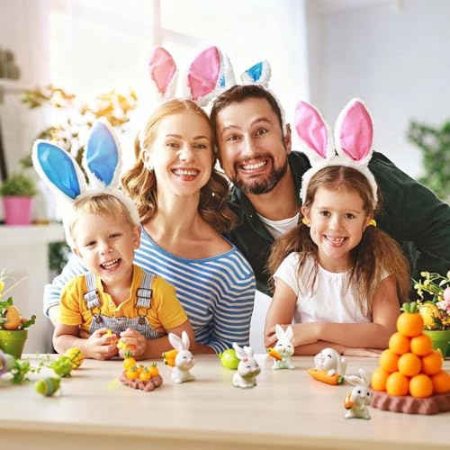 XSJIJKAG 16 Stück kleine Osterhasen Figuren Set, Miniatur Harz Hasen mit Karotten Kohl Körben, Kleine Hasen Figuren Garten Micro Landschaft für Osterdeko Kuchen Garten Party, Osterhase Figur