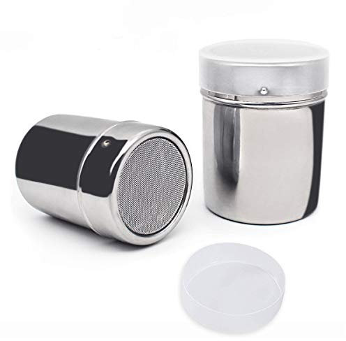 2 PCS Stainless Steel Chocolate Shaker, YOCZOX Mesh Shaker Powder Cans Dredgers Sprinkler Icing Sugar Salt Cocoa Flour Coffee Latte Cappuccino Mesh Sifter with Lid 150ml +250ml