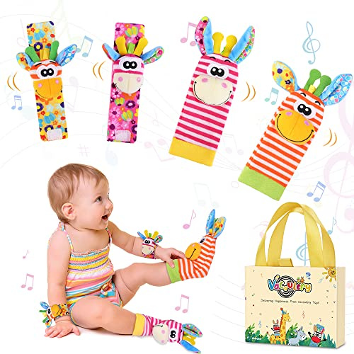 Vacoulery Baby Wrist Rattles & Footfinder Set Soft Animal Baby Rattles Toys for Over 0 Month Infant Development 4Pcs
