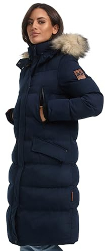 MARIKOO lange Damen Winterjacke warmer Parka gesteppt mit Kapuze B890 [B890-Schneestern-Navy-Gr.S]