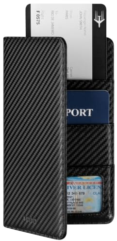 VULKIT Passport Wallet RFID Blocking Travel Wallet for Men & Women, Long Size, Carbon Fiber Black