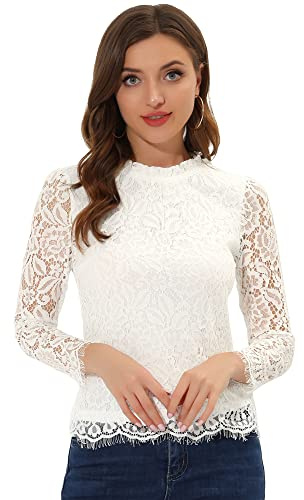 Allegra K Chemisier en Dentelle Femme Col Ronde à Volants Chemise à Manches Longues Floral Haut Élégant Beige XS
