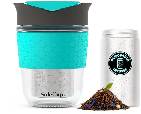 SoleCup resemugg lös tesil – avtagbar tesil med spillsäkert lock – BPA-fritt återanvändbart glas resekaffekopp med silikonband (grå och blå)