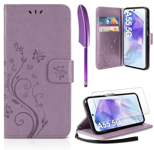AROYI Lederhülle Kompatibel mit Samsung Galaxy A55 5G Hülle und Schutzfolie,Wallet Handyhülle Leder Tasche Kartensteckplätzen Schutzhülle Kompatibel mit Samsung Galaxy A55 5G Lila