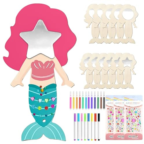 Ainiv 12Pcs Kits Bricolage Miroir Sirène en Bois, Sirène Artisanat en Bois à Peindre, DIY Loisirs Créatifs Activites pour Activité Manuelle Cadeau Fête Anniversaire