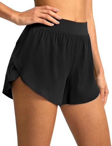 Soothfeel High Waisted Athletic Running Shorts for Women Dolphin Short High Split Quick Dry Gym Workout Shorts with Liner (Black, S)