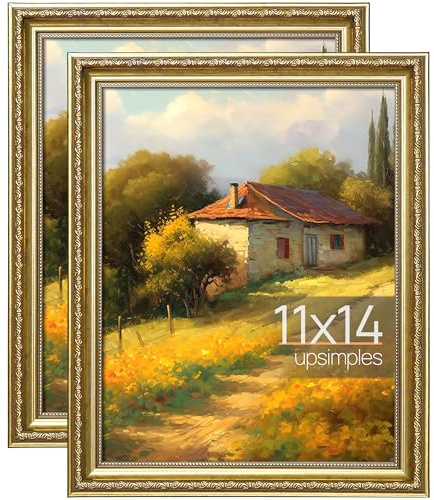 upsimples 11x14 Picture Frame with Real Glass, Ornate Vintage 11 x 14 Photo Frames for Wall Decor, Gold, 2 Pack