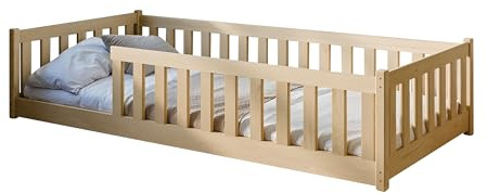 Lit d'Enfant Montessori 90x190 cm avec Protection Contre les Chutes & Sommier à Lattes - Lit à Barreaux pour Enfants et Adolescents