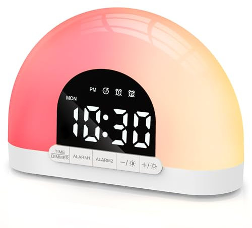 Sunrise Alarm Clock, Small Digital Bedside Kids Wake Up Light, Dimmable Night Light Clock, 7 Alarm Sounds, 9 Colours, Dual Alarms, Natural Sunlight Lamp for Girls Boys Teens Heavy Sleepers Bedrooms