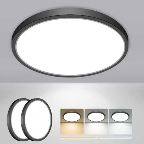 slochi 2 Pack Bathroom Light, 3000K/4000K/6500K 3 Color Temperature, Waterproof, Small, Round, Modern, 18W 2100LM Flush Ceiling Light for Bathroom, Kitchen, Bedroom, Hallway and More,Ø22CM(Black)