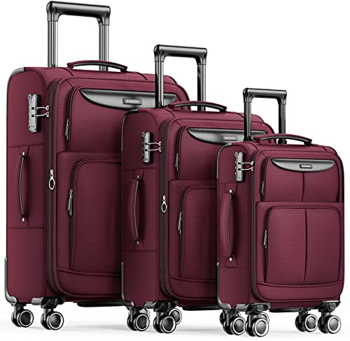 SHOWKOO Ensemble de valises en tissu 3 pièces, valise souple extensible, valise de voyage légère et durable, trolley, bagages à main avec serrure TSA et 4 roulettes, Set