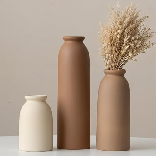 26,6 cm, juego de 3 jarrones de cerámica pequeños para decoración, naranja, amarillo, blanco (Earth Tone L)