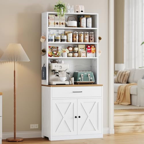 IRONCK Bakers Rack Microwave Stand Storage and Customizable Pegboard, 71 Farmhouse Coffee Bar Cabinet with Drawer, Barn Doors, Adjustable Shelves for Kitchen, Dining Room, White