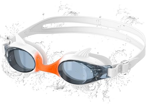 Ambienden Nouveau Design Lunette Piscine Enfant, 180° HD à Grand Angle de Vision Lunette de Natation Enfant, Anti-Buée, Protégées UV, Unisexe Lunette de Piscine pour les 3–10 Ans, White-Orange