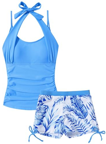 Teen Girls Drawstring Beach Swimming Suits Trendy Tropical Print Swimsuit Tops with Swim Bottom Summer Halterneck Swimwear 2 Piece Padded Tankini Set Blue 13-14 Years