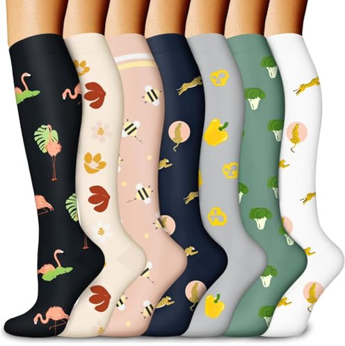 ACTINPUT Kompressionsstrümpfe Damen und Herren,7 Paar Kniestrümpfe Stützstrümpfe Kompressionssocken Bunte Lustige Socken Thrombosestrümpfe Reise Gadgets Flugzeug(7105 - Grün,L-XL)