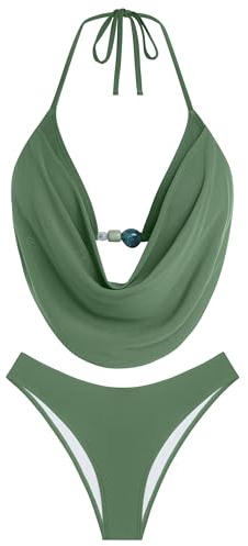 ZAFUL Women's Two Piece Bikini Sets Triangle Halter Swimsuit Deep V Cowl Neck Ruching Bathing Suits Army Green S