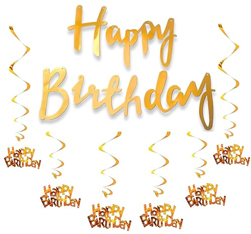 Gold Happy Birthday Decorations Banner With Hanging Swirl Set,Party Supplies (Gold Swirls & Banner)