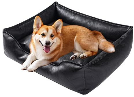 WPJBDS Tier-Ledersofa-Bett, Katzen- Und Hundesofa Aus Kunstleder Mit Abnehmbarem Sofakissen, Weiches Hundebett, Katzenschlafsofa Und Sessel Für Katzen Und Kleine Bis Mittelgroße Hunde,Schwarz,L