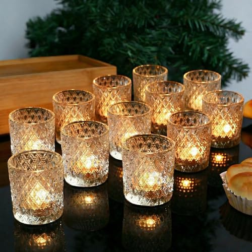 Juego de 12 portavelas vintage – Portavelas de cristal con relieve, uso para decoración de mesa, decoración del hogar, vasos de velas, bodas, día de San Valentín, Navidad y cumpleaños