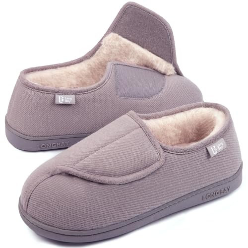 LongBay Women's Furry Memory Foam Diabetic Slippers Comfy Cozy Arthritis Edema House Shoes Grey 6 UK