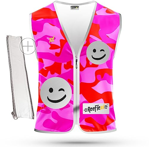 Gilet di sicurezza per bambini, con adattatore per taglie, gilet riflettente, maggiore visibilità nel traffico stradale grazie ai riflettori, rosa Camou Smiley, taglia M, piccoli regali per bambini