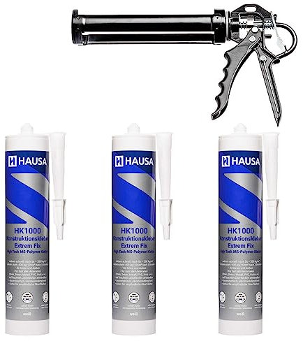 HAUSA Colle de Construction Polymère MS Haute Tack HK1000 avec Presse à Cartouche Colle de Montage 400kg/10cm² après 3h pour Construction Intérieure et Extérieure Colle Tout Usage 3x 290ml Blanc
