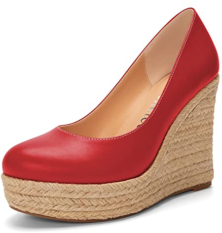 Castamere Femmes Haut High Talon Heel Compensé Plate-Forme Rond Bout Escarpins Slip-on Classique Cute Bureau Chaussures Rouge 37 EU