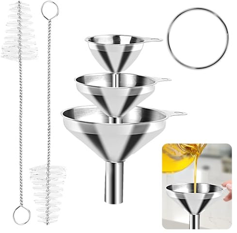 MXTIMWAN Set di 3 Imbuti in Acciaio Inox, Imbuto in Acciaio Inox da Cucina con 2 Spazzole per la Pulizia con Manico Acciaio Inox Mini Imbuto da Cucina Filtro Riutilizzabile in Acciaio Inossidabile