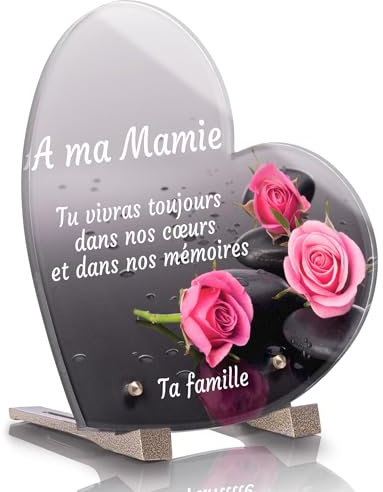 Générique Plaque Funéraire Coeur Personnalisée - Roses Galets - Textes personnalisables, plusieurs lignes - Résistante aux Intempéries et Traitée Anti UV (16x16 cm (petit)), CO-GALE01