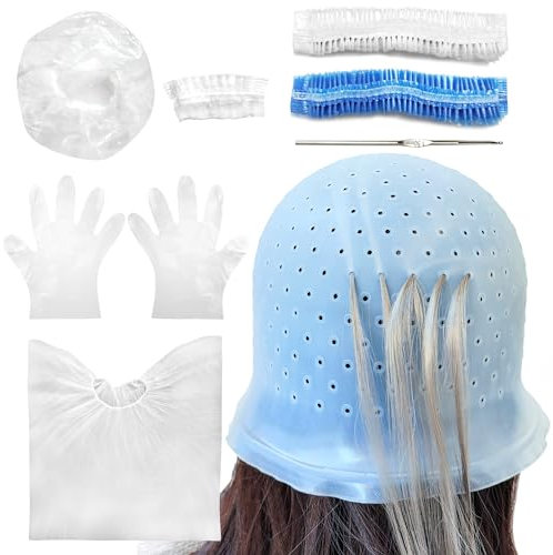 Losaria 9 Pcs Highlighting Cap Kit Pre Holed Highlighting Cap Holes Opened Highlights Cap Hair Dye Cap Silicone Streaking Cap Frosting Cap with Disposable Professional Hair Colouring Dye Tools Kit