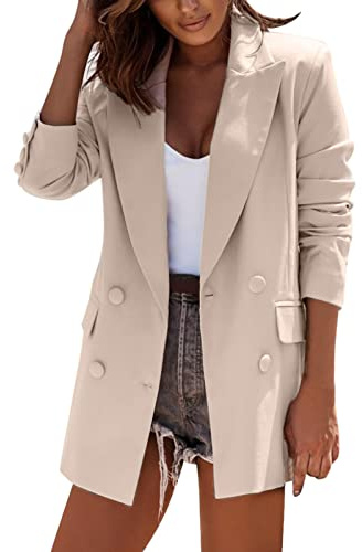 Blazer pour femme beige sans fermeture : veste pour femme, sportif, élégant, blazer court, blazer à boutons, avec stretch et col à revers, veste de costume moderne, long, blazer d'été, beige, L