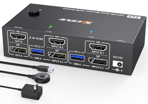 4K@144Hz KVM Switch 2 Monitors 2 Computers 8K@60Hz, MLEEDA HDMI and Displayport Dual Monitor KVM Switch with 4 USB 3.0 Port for Keyboard Mouse Printer,Wired Remote,Power Adapter and USB Cable Included