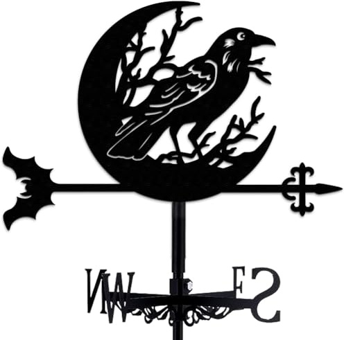INFUNLY Retro Wetterfahne Mit Krähe Mond Vogel Windfahne Für Den Gartenzaun Mondeisen Wetterfahne Fledermaus Wetterhahn Schwarzer Hohler Windrichtungsanzeiger Für Dach Terrasse Bauernhaus 14.1x10.65cm