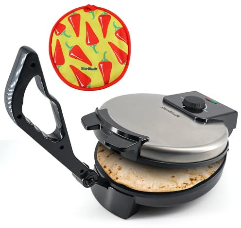StarBlue Machine à Roti 25,4 cm avec chauffe-roti gratuit et poignée amovible – Chapati, tortilla, Roti AC220-240 V 50/60 Hz 1200 W, prise européenne