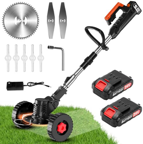 Qawner - Cortapelos eléctricos inalámbricos de 24 V, corte de borde inalámbrico con batería, con 3 tipos de hoja, desbrozadora con ruedas extraíbles, regulable en altura, para jardín, césped, granja