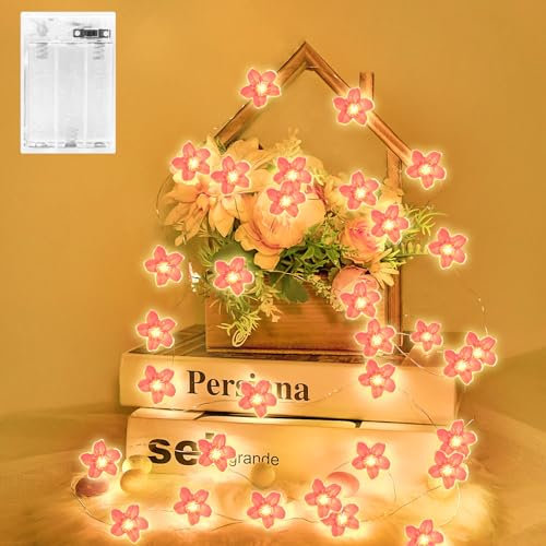 Dalugo LED Lichterkette Kirschblüten, 20 LED 2M Lichterketten innen Batterie mit Timer, Lichterkette Blumen Girlande für Frühlingsdeko, Kirschblüten deko, Hochzeit, Party,Garten,Schlafzimmer