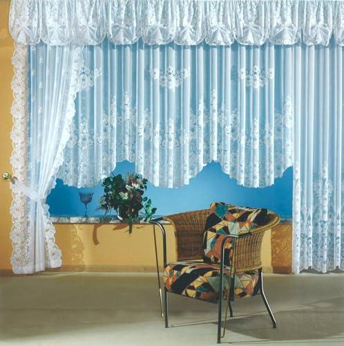 heimtexland Gardinen Jacquard Store mit Kräuselband weiß halb-transparent, Blumen Bordüre gebogt, Vorhang Typ1 - Langstore HxB 225x300 cm für Fensterbreiten von 100-130 cm
