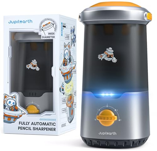 JUPITEARTH Electric Pencil Sharpener for Kids, Hands-Free, Rechargeable, Auto in & Out Spaceship Fully Automatic Pencil Sharpener Fits 6.9-11mm Colored/No.2 Pencils for Classroom Home Office (Black)